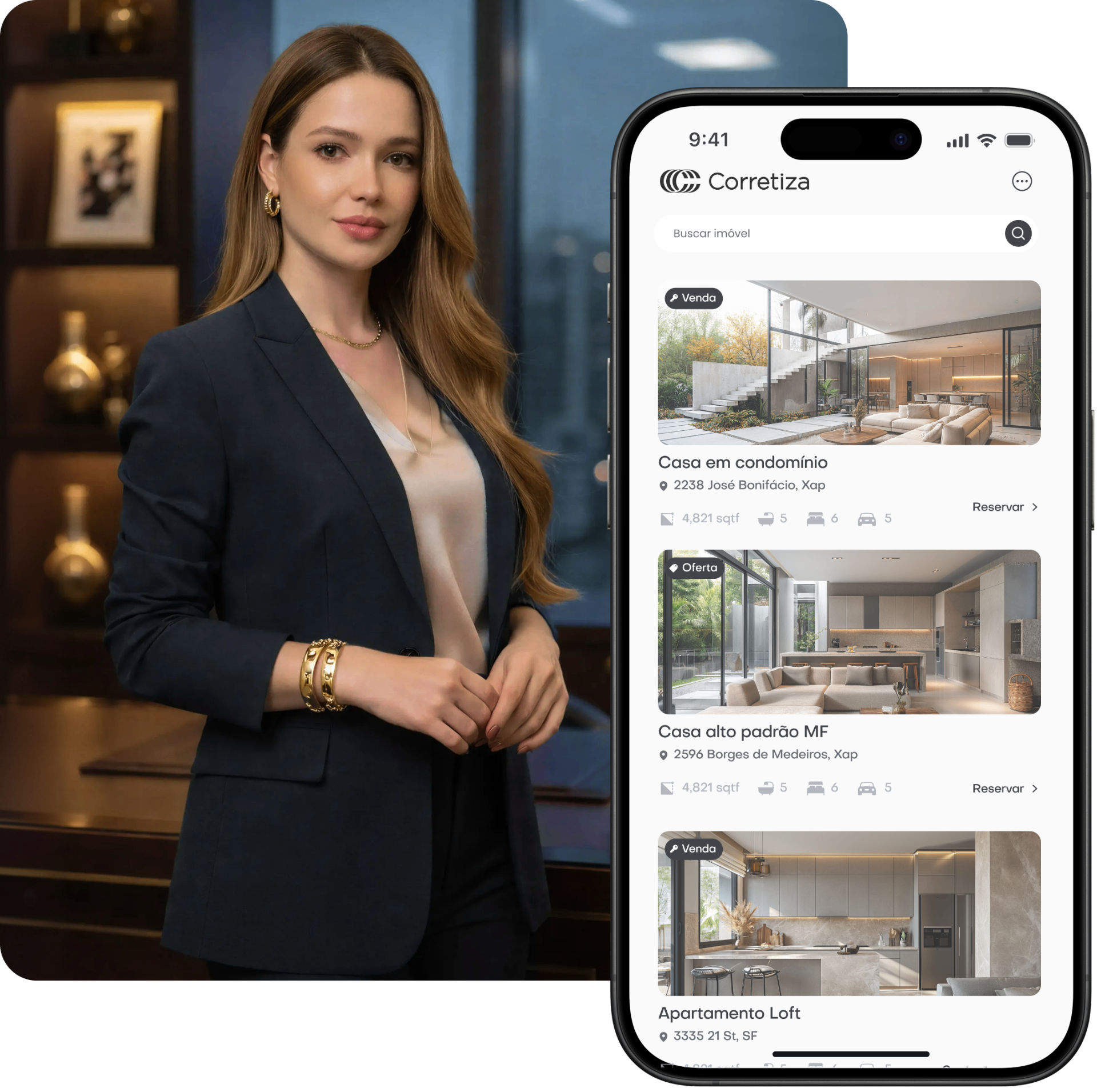 Corretora apresentando portfólio de imóveis no app Corretiza