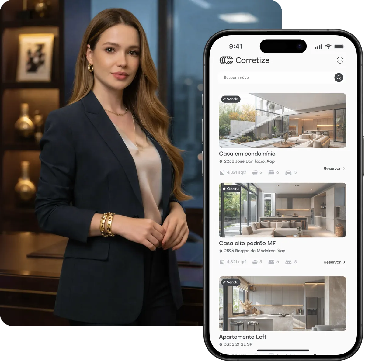 Corretora apresentando portfólio de imóveis no app Corretiza